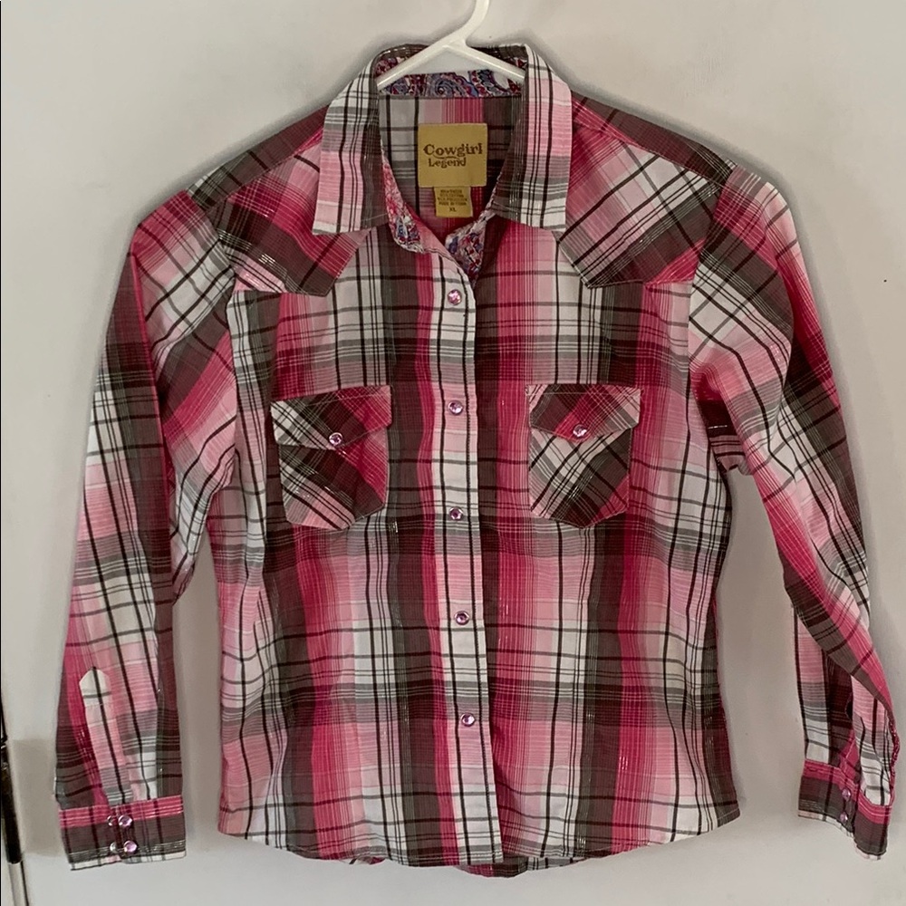 Cowgirl Legend pink grey, silver metallic plaid long sleeve western shirt Sz XL
